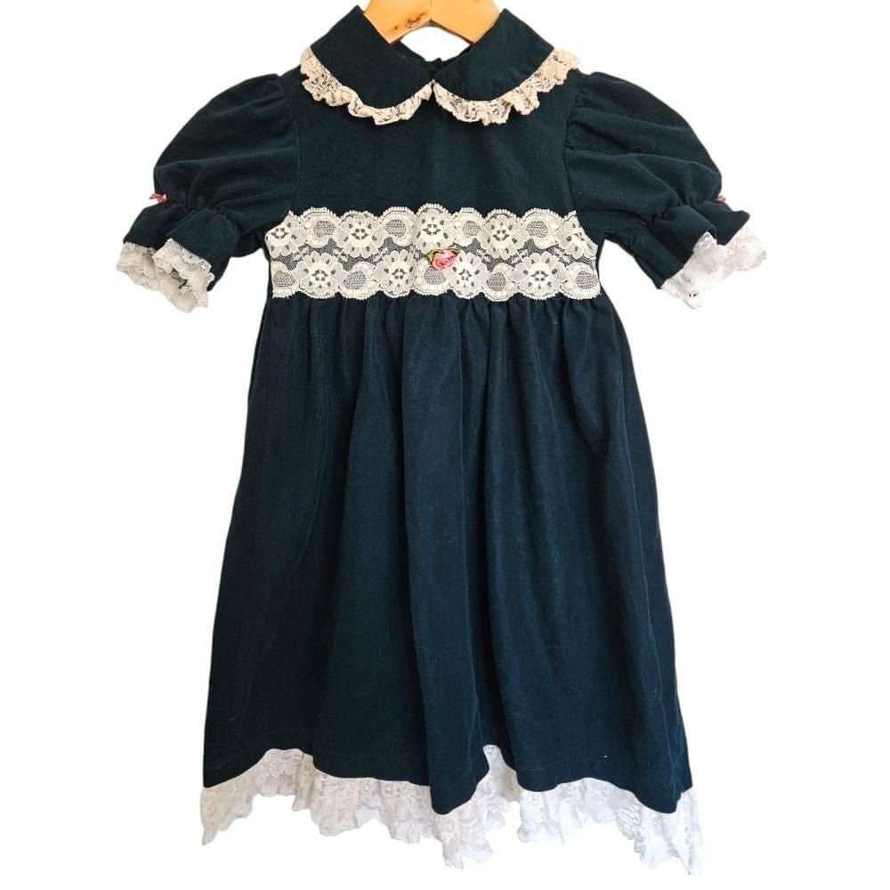 Vintage Jilly Emerald Green Velvet Lace Rosette Dress Toddler Girls 4 Formal